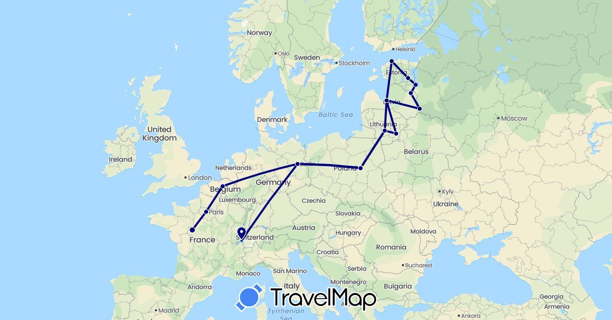 TravelMap itinerary: driving in Belgium, Switzerland, Germany, Estonia, France, Lithuania, Latvia, Poland (Europe)